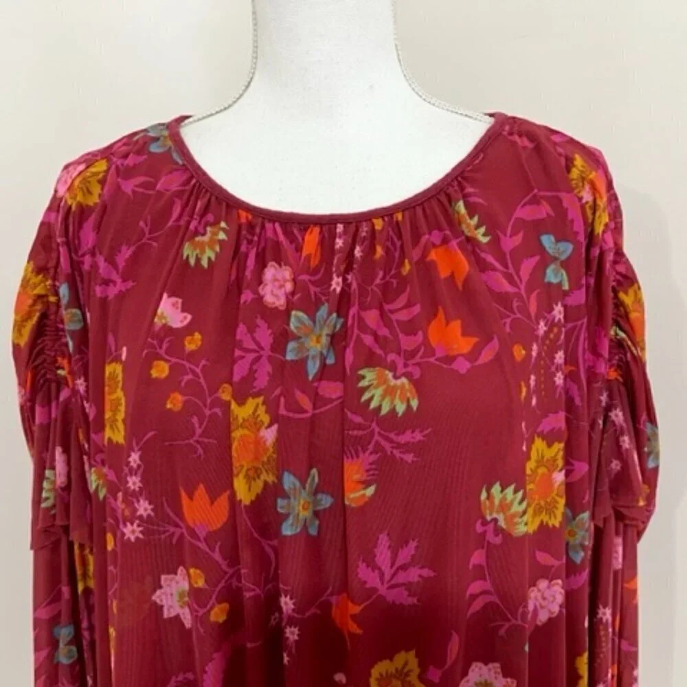 Free People Wildflower Honey Blouson Peasant Top Berry Floral Size Small
